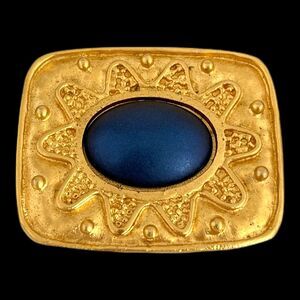 Vintage 1980s Leslie Block Cabochon Brooch Matte Gold Tone Etruscan Revival - 4H